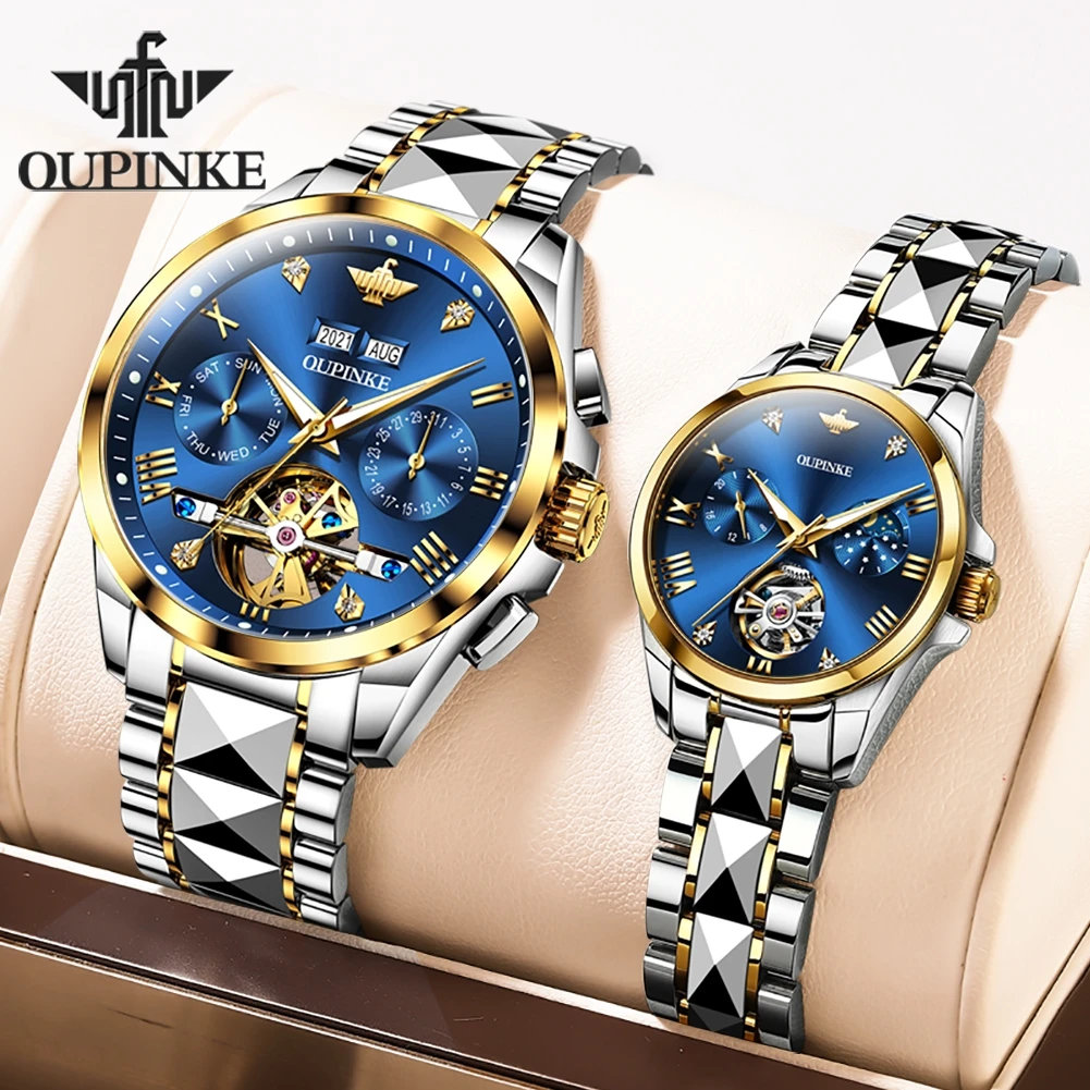 OUPINKE Classic Tourbillon Couple Watch Luxury Automatic Mechanical Wrist Watch Gifts For Women Wterproof Date Moon Display 3202