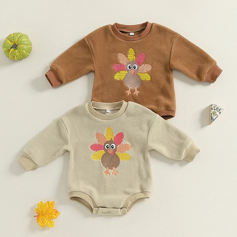 

Newborn Infant Baby Girl Boy Thanksgiving Romper Turkey Embroidery Fleece Crew Neck Long Sleeve Jumpsuit for Fall Winter