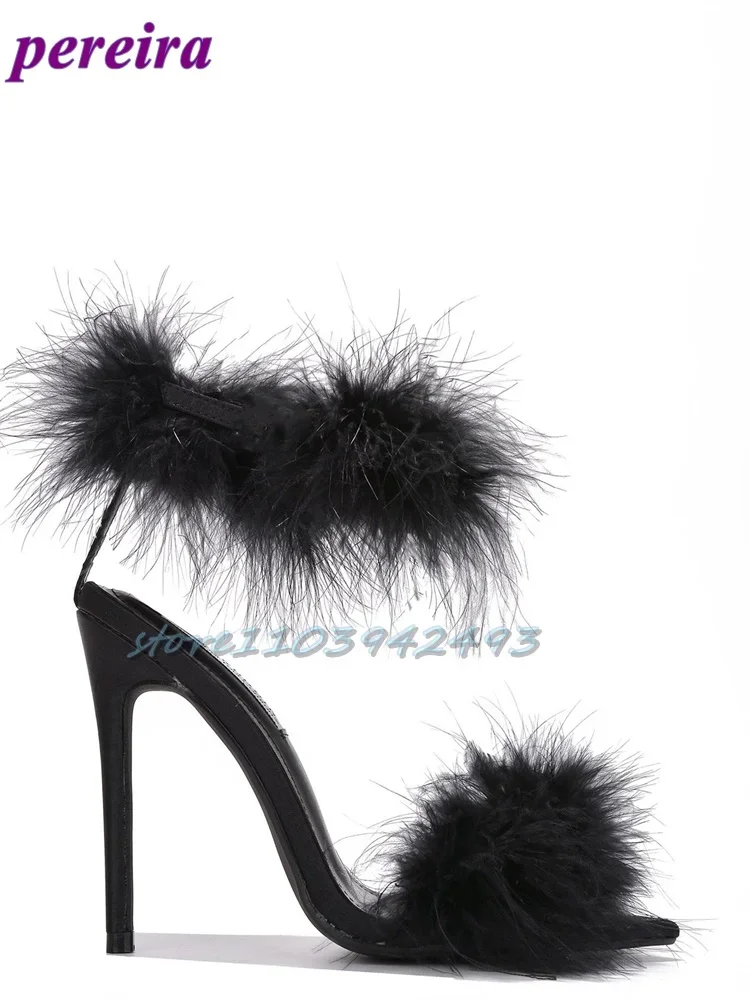 

Latest Black Fur Sandals Pointed Toe Spring Summer Solid Stiletto Orange Ankle Buckle Strap Women Sexy Latin Dance Shallow Shoes