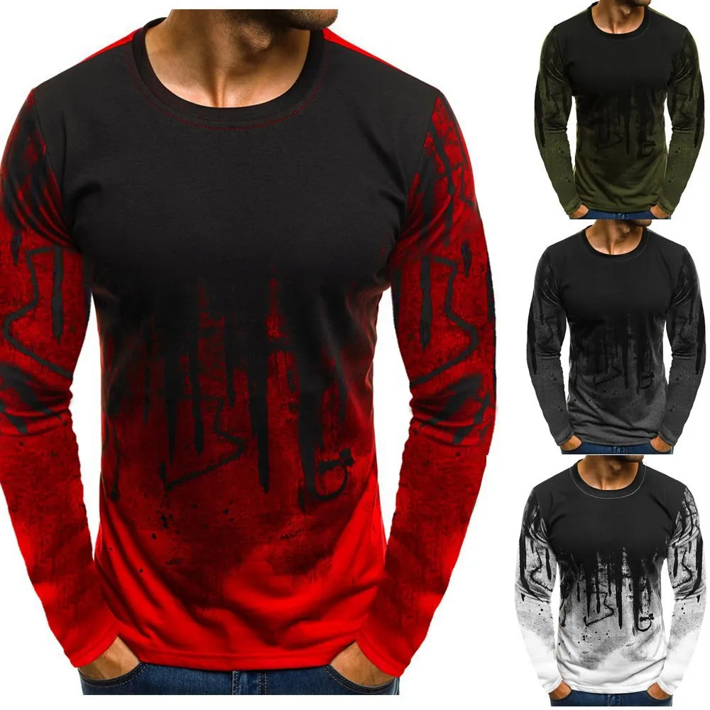 

Men's Street Style Polyester T-shirt Gradient Print Long Sleeve Tee Vintage Clothes Men Spring Autumn Casual O-neck T Shirt Tops