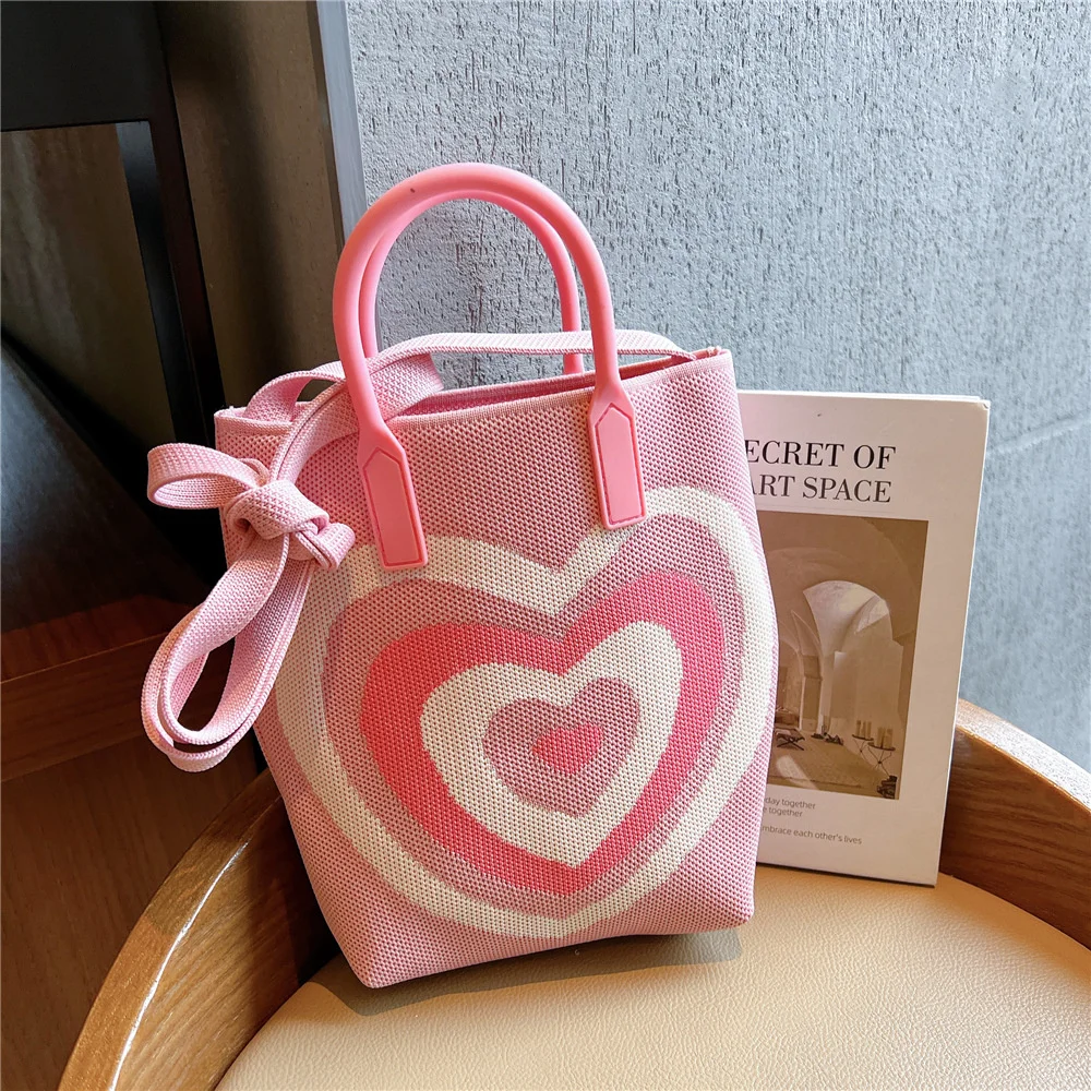 Fashion Knit Handbag Women Tote Shoulder Bag Heart Color Contrast Female Crossbody Bag Portable Ladies Beach Handbag ShoppingBag