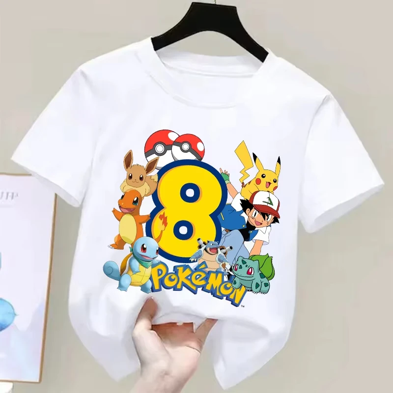 2026 Pokémon Pikachu Kinder T-Shirts Geburtstagsnummer 1-9 Bedrucktes T-Shirt Jungen Mädchen Sommer Kurzarm-Oberteile Kinderkleidung