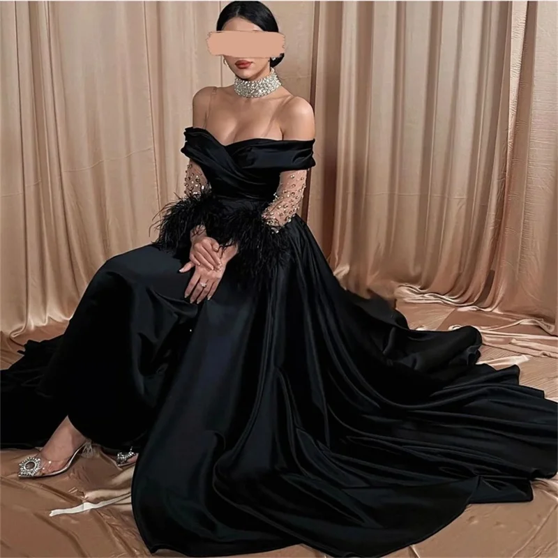 Off the Shoulder Womens Party Dresses A Line Black  Formal Occasion Dress Floor Lenght  Elegant Evening Dress Woman with Sleeves