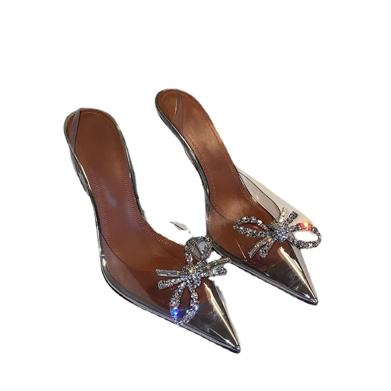 PVC Transparent Baotou Sandals for Women 2024 Summer New Elegant Rhinestone Bow Pointed Shallow Mouth Stiletto Heels