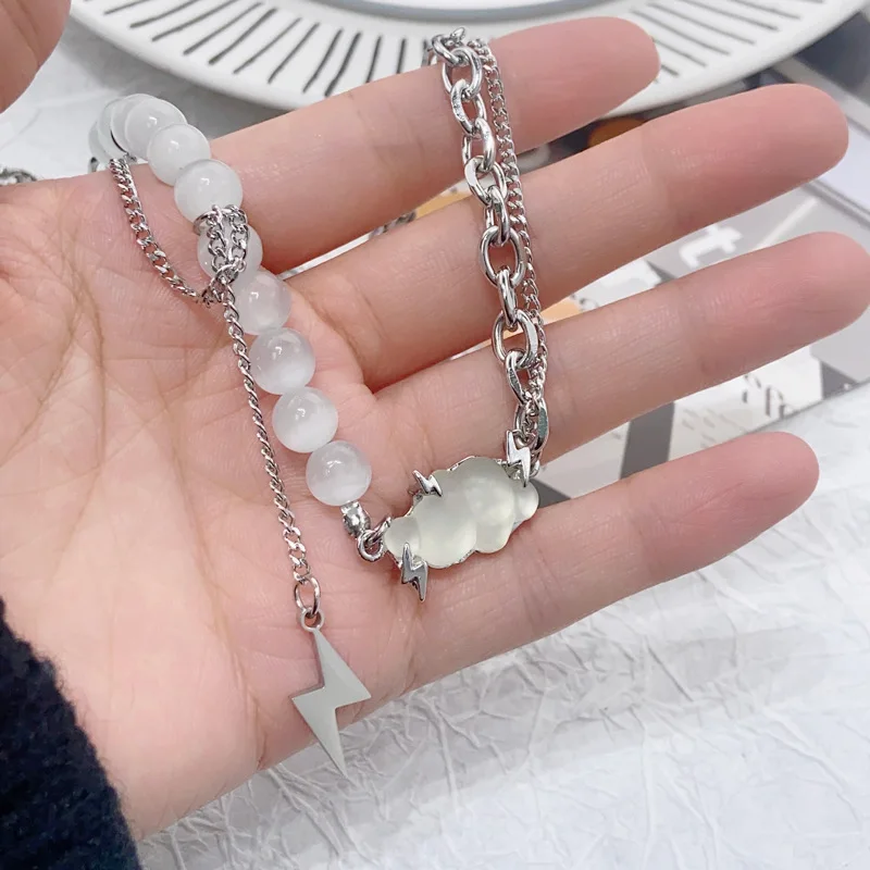 Trendy High Level Cat's Eye Stone Clouds Lightning Necklace Sweet Niche Design Clavicle Chain Tassel Choker Girl Fashion Jewelry