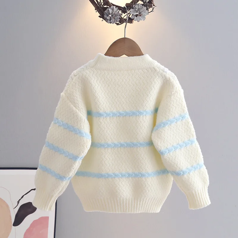 الخريف الشتاء الفتيات محبوك سترة جولة الرقبة طويلة الأكمام قمم مخطط البلوز ملابس الأطفال مريحة أزياء عارضة #3