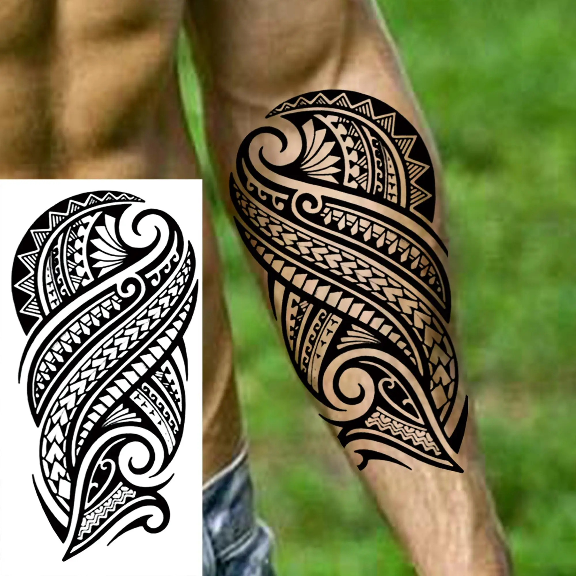 1 ورقة القبلية الطوطم الماوري مقاوم للماء الوشم المؤقت للرجال والنساء ، أسود وهمية كم الوشم ملصق ، الحد الأدنى الوشم الرجال