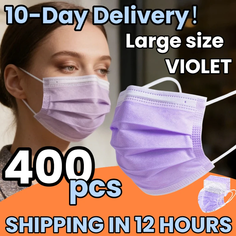 Delivery in 10 Days! 400Pcs Thick Purple Disposable Protective Masks - 3-Layer Breathable and Comfortable, with Adjustable Ear Loops and Secure Nose Pads - Affordable for Home Use, Can Be Purchased in Bulk, Perfect for Outdoor Activities, Home, Commuting, Office, School, Unisex