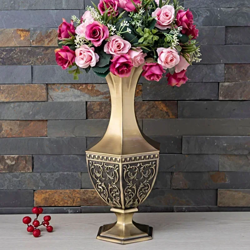 Flower Vase Zinc Alloy Vases European Retro Tabletop Vase Hexagonal Metal Crafts Home Living Room Decoration Ornaments