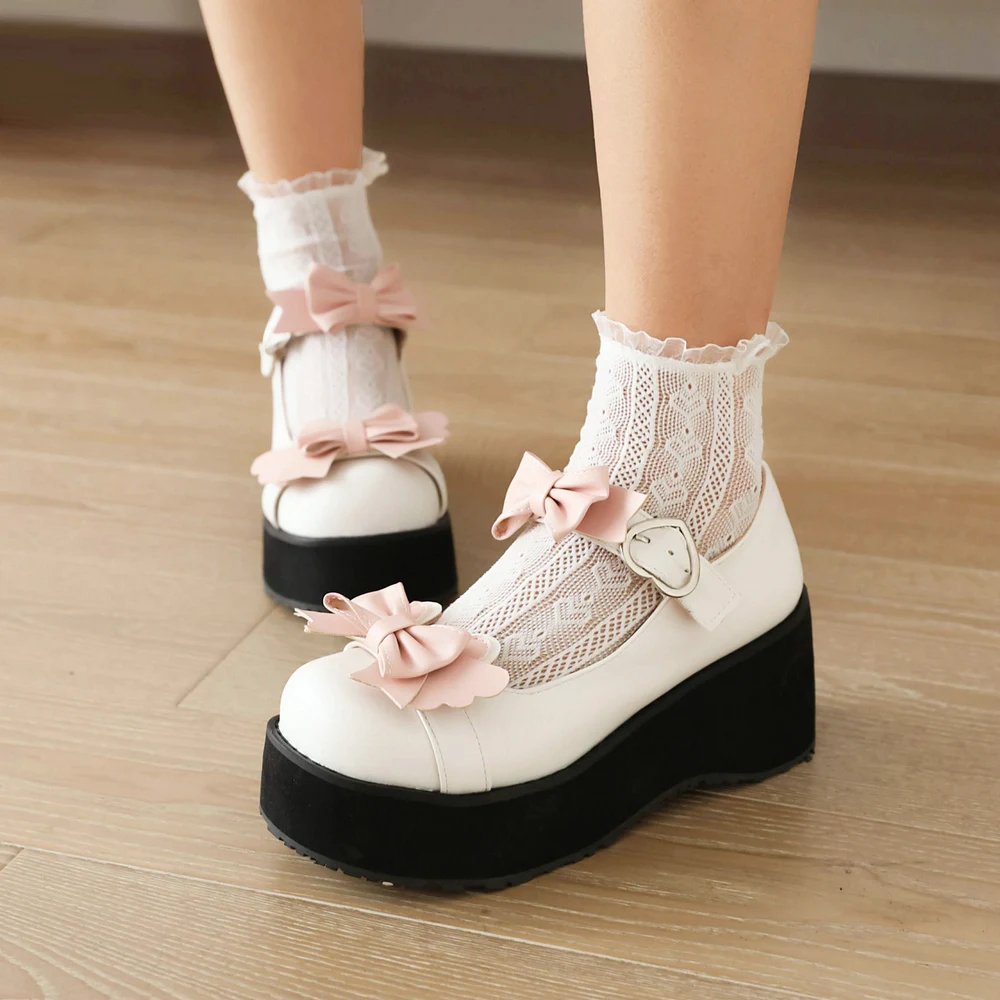 Spring Women Cute Bow Platform Lolita Shoes Strap Cosplay Wedges Thick Sole Pumps JK Uniform Black Brown White Plus Size 34-48