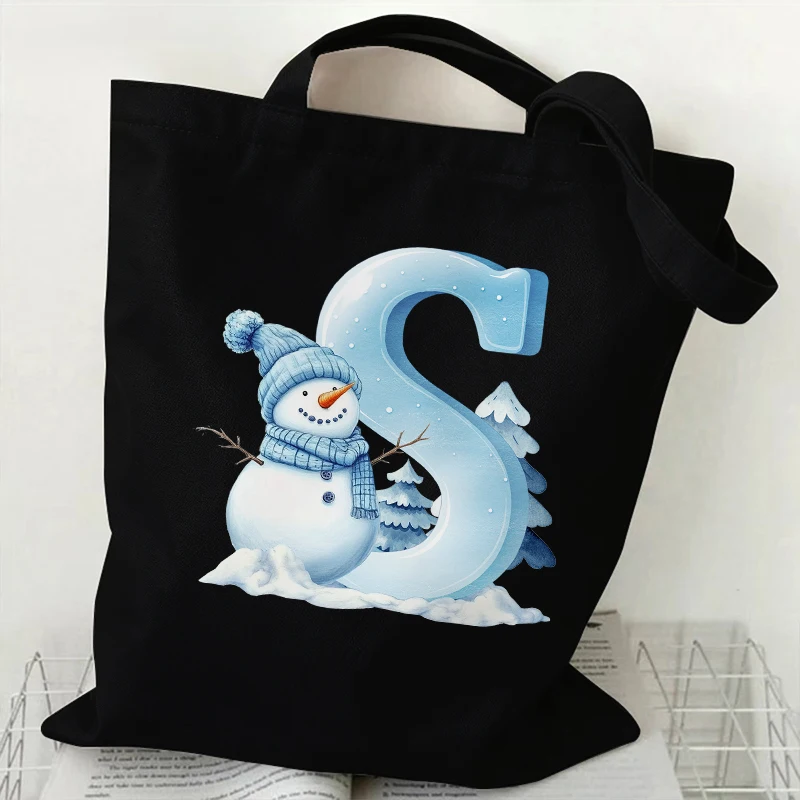Xmas Snowman 26 Letter A-Z Canvas Shoulder Bag for Women Christmas Party Multi-use Daily Shopping Handheld Crossbody Tote Bag