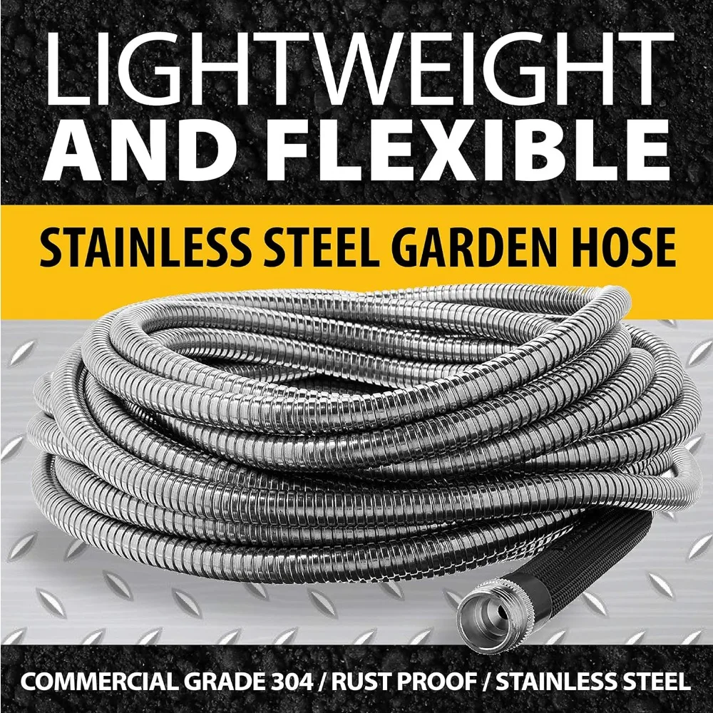 Bionic Steel Metal Garden Hose 50 Ft with Nozzle, 304 Stainless Steel Water Hose, 50 Ft Garden Hose Tough & Flexible,Lightweight