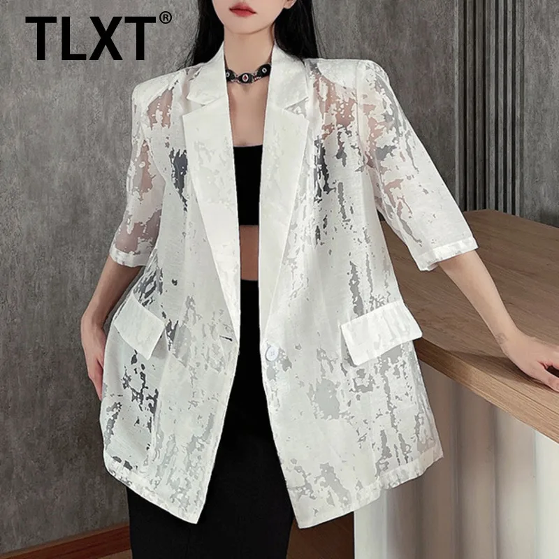 

TLXT High-end Pattern Hollowed Out Suit Jacket For Women Notched Short Sleeves Single Button Sunscreen Jacket XK1283