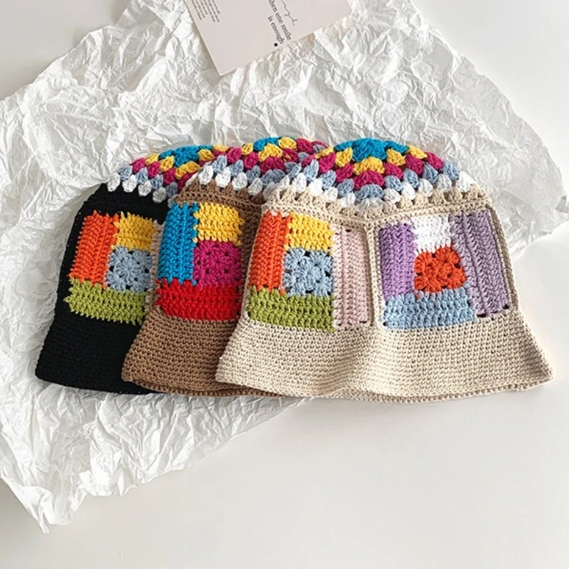 

Korean Retro Contrasting Color Hollow Knitted Bucket Hats Women Summer Autumn Travel Sunscreen Fashion Versatile Cute Basin Cap