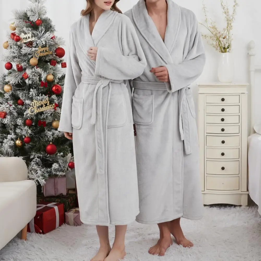 

Фланелевой халат с лацканами и длинными рукавами, фланелевой мягкий длинный халат, домашняя одежда для пар, халат с карманами, завязкой на талии, ночное белье