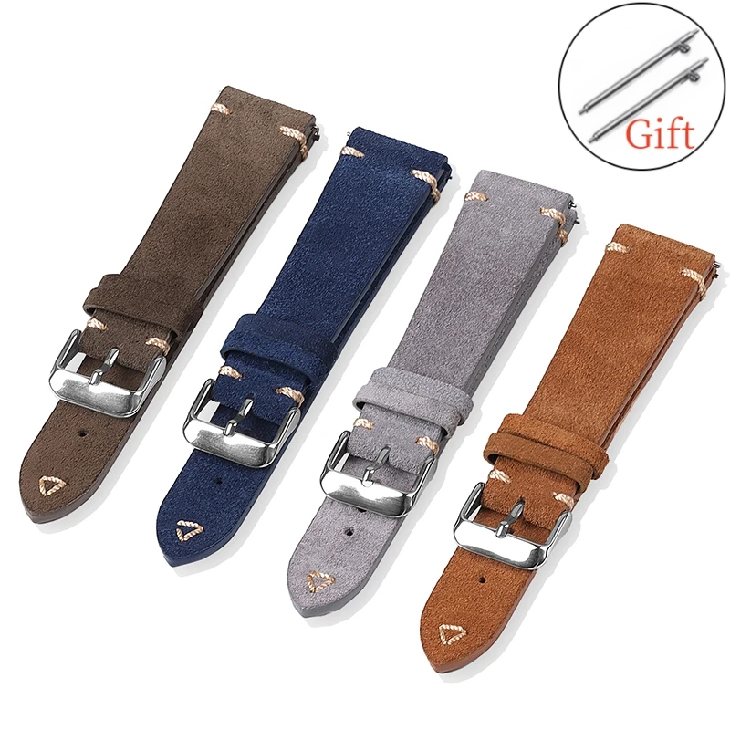 20mm 22mm High Quality Suede Leather Vintage Watch Straps Blue Grey Brown Watchbands Handmade Stitching Strap Watch Accessories