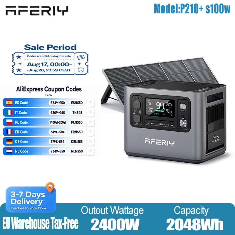 AFERIY 2400W 2048WH + 100W Solarpanel, Energiespeicher-Stromversorgung, Hochleistungsbatterie, unterstützt 13 Geräte, steuerbare Steckdosenanwendung, schnelles Laden und Energiespeicherung für den