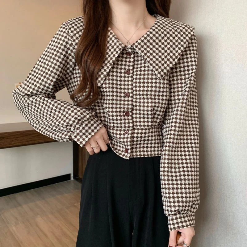 

Винтажная укороченная рубашка с узором «гусиные лапки», женская весенняя милая блузка с воротником «Питер Пэн», блузка с длинными рукавами Y2K Harajuku, универсальные женские топы в стиле преппи