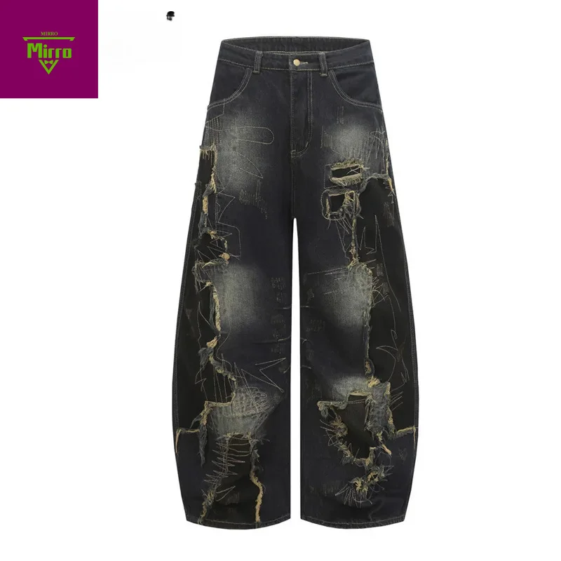 

Fashion Washed Embroidered Scimitar Jeans Men's Vintage Distressed Loose Wide-Leg Pants Autumn Winter New