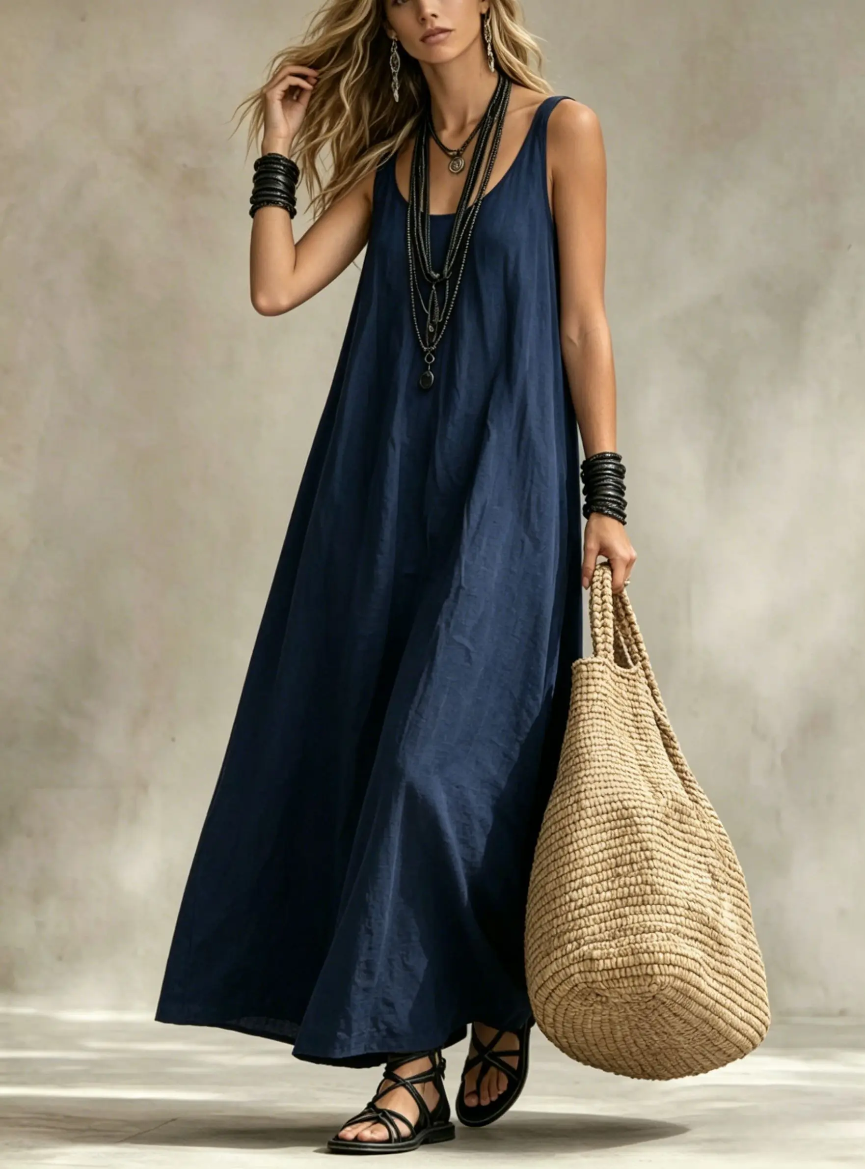 Damen Fließendes Ärmelloses Langes Kleid Lässiger U-Ausschnitt Locker Sitzendes Maxikleid Vielseitiges Sommer-Urlaubs-Party-Pendler-Outfit – Detail 6