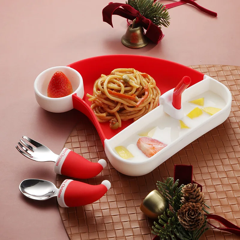 New Christmas gift set children's creative spork tableware Christmas hat children's silicone compartment plate Things for babie