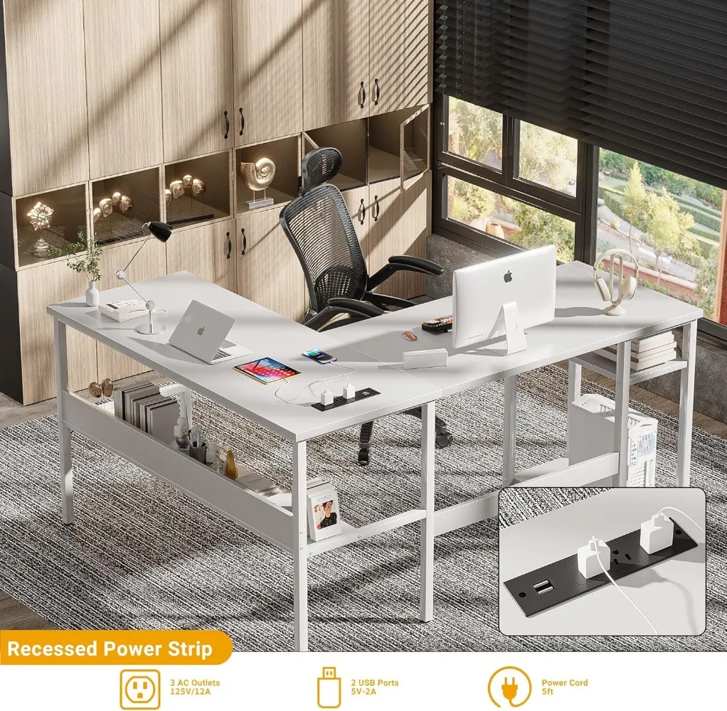 Reversible L Shaped Computer Desk with Outlets and USB Charging Ports with Storage Shelves for Home Office Easy Assemble White