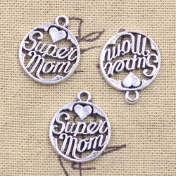 15pcs Charms Heart Super Mom 21x18mm Antique Silver Color Pendants DIY Crafts Making Findings Handmade Tibetan Jewelry