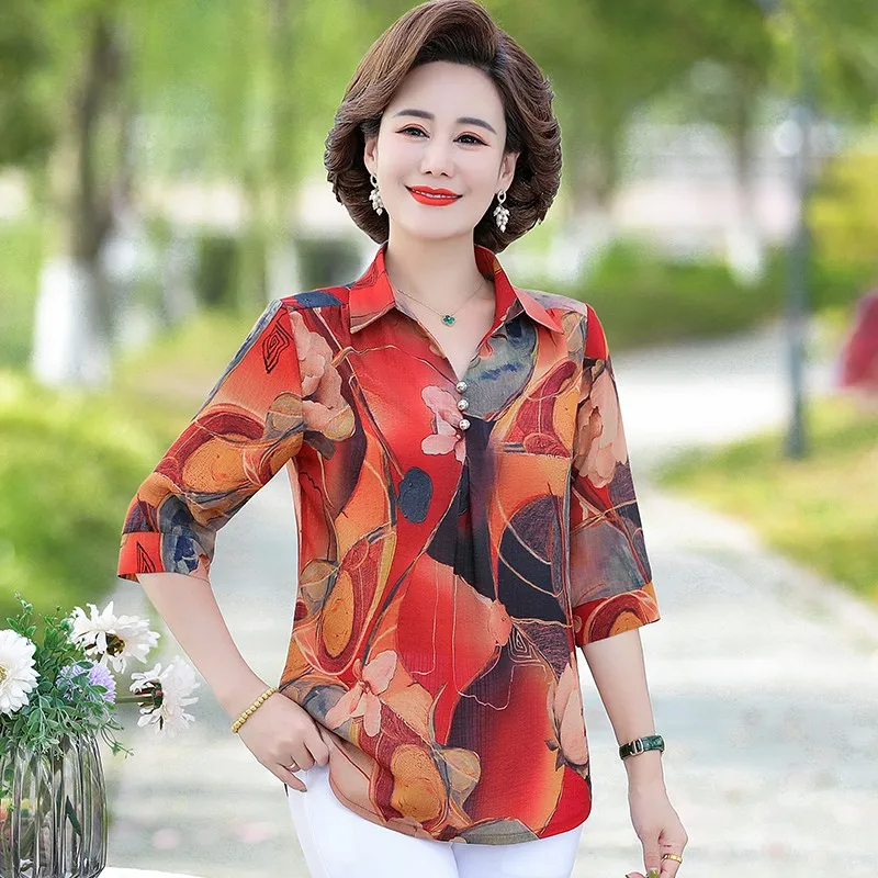 printed chiffon V-neck half sleeve shirt woman Fashion elegant loose blouse ladies 2022 new Mom casual spring summer tops