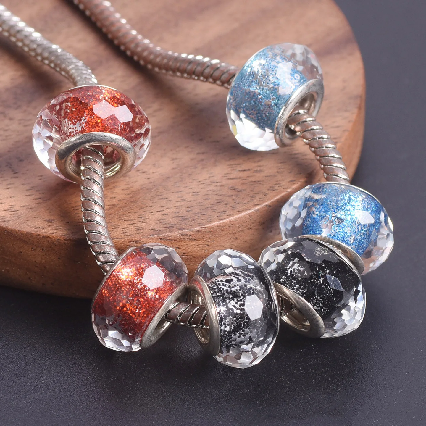 

5pcs 13.5x8.5mm Round Faceted Glossy European Charms Crystal Glass & Metal Rings Big Hole Beads For Bracelet Jewelry Making