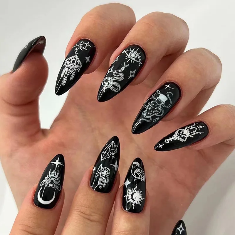 White Stars Moon Snake Bee Totems Doodle Wearable Nail Art Black Long Stiletto Finished False Nails Press on Nails with Glue