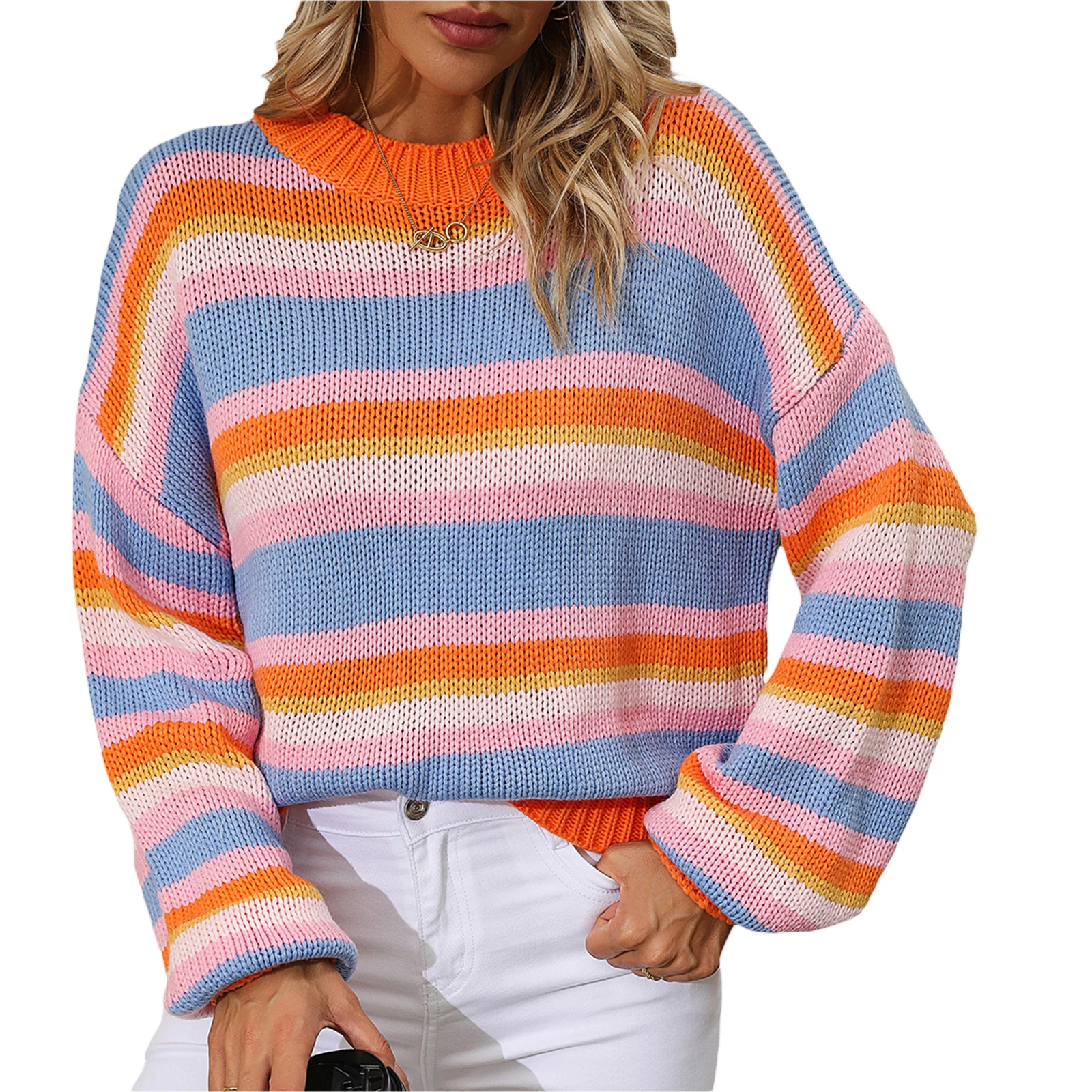 

Casual Loose Fit Knit Pullover Jumper Women Long Sleeve Crew Neck Drop Shoulder Striped Sweaters Fashion Female Tops Streetwear