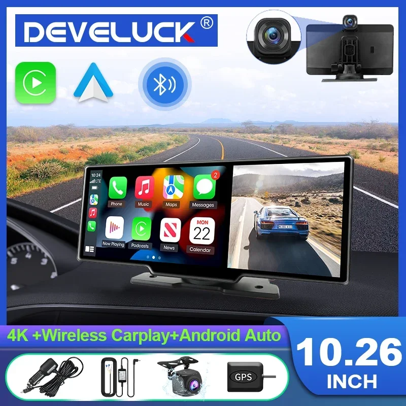 Develuck 10.26 Inch 4K Car Mirror&DVR Video Recording Carplay & Android Auto Wireless Connection GPS Navigation Dashboard Voice 