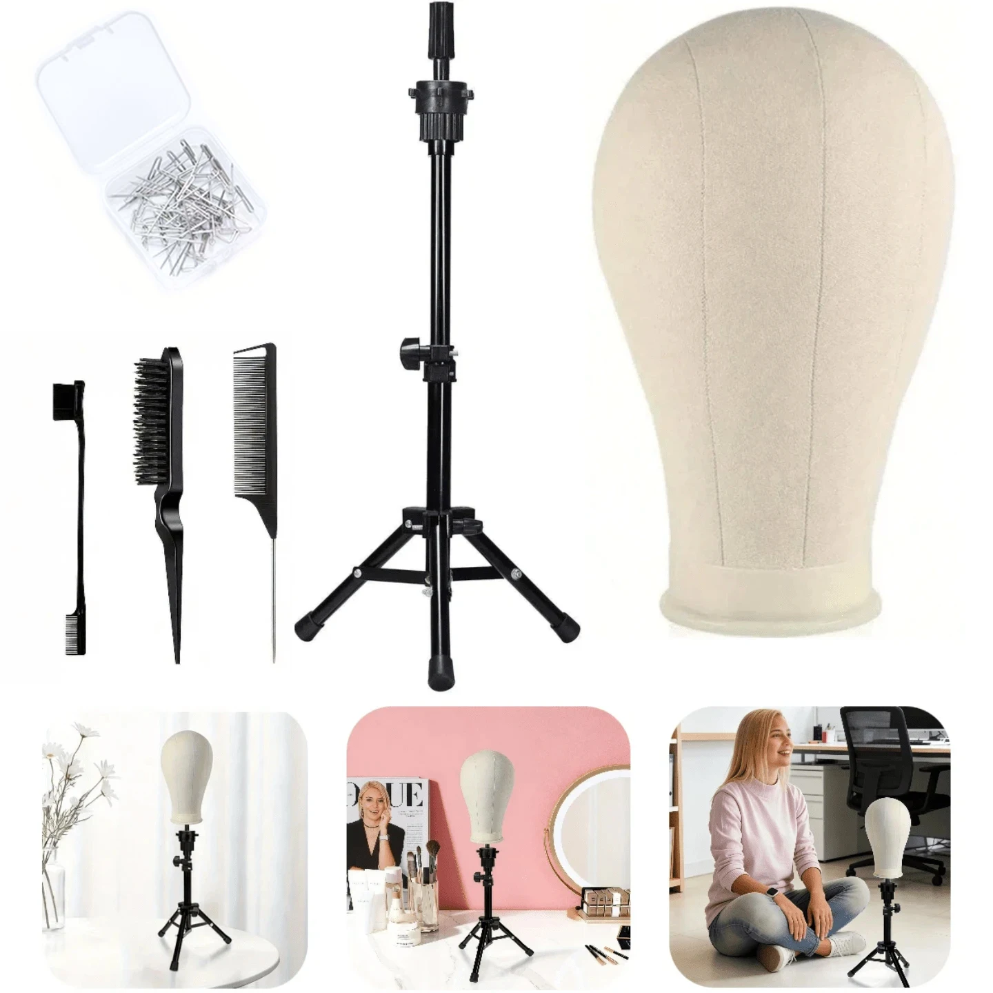 22 Inch Canvas Wig Mannequin Head with Stand Cork Manikin Block Set for Wigs Trimming Display Includes T Pins And Comb image 6