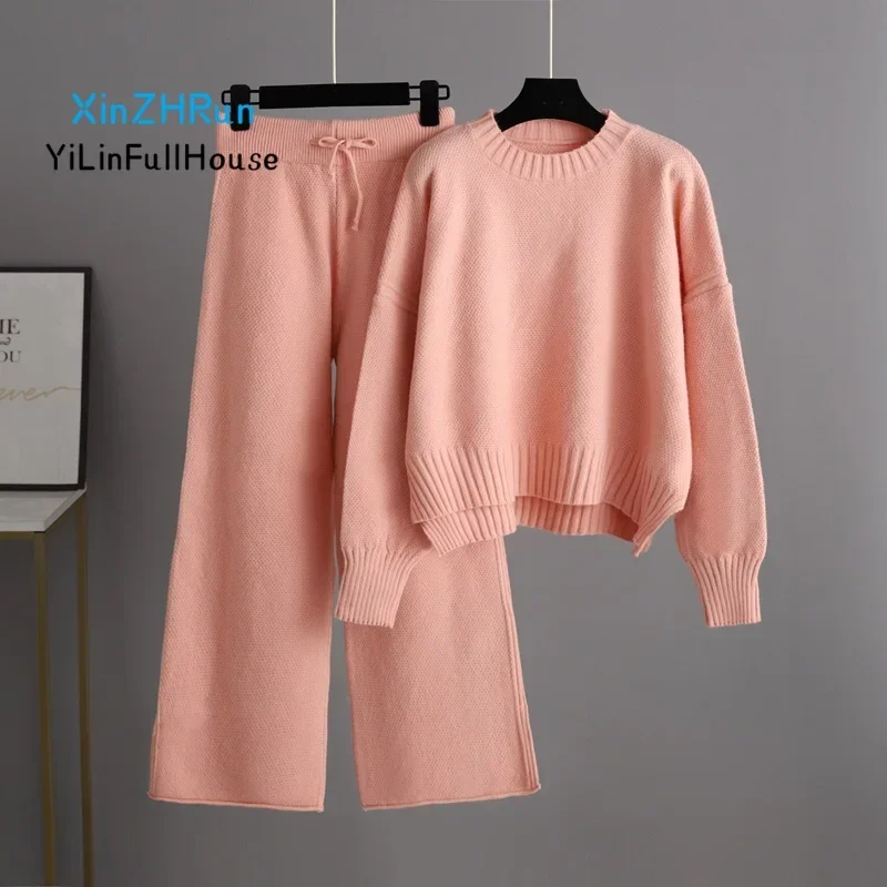 Autumn Winter Fashionable Casual Round Neck Split Long Sleeve Knitted Top Elastic Waist Strap Loose Wide Leg Pants Two Piece Set