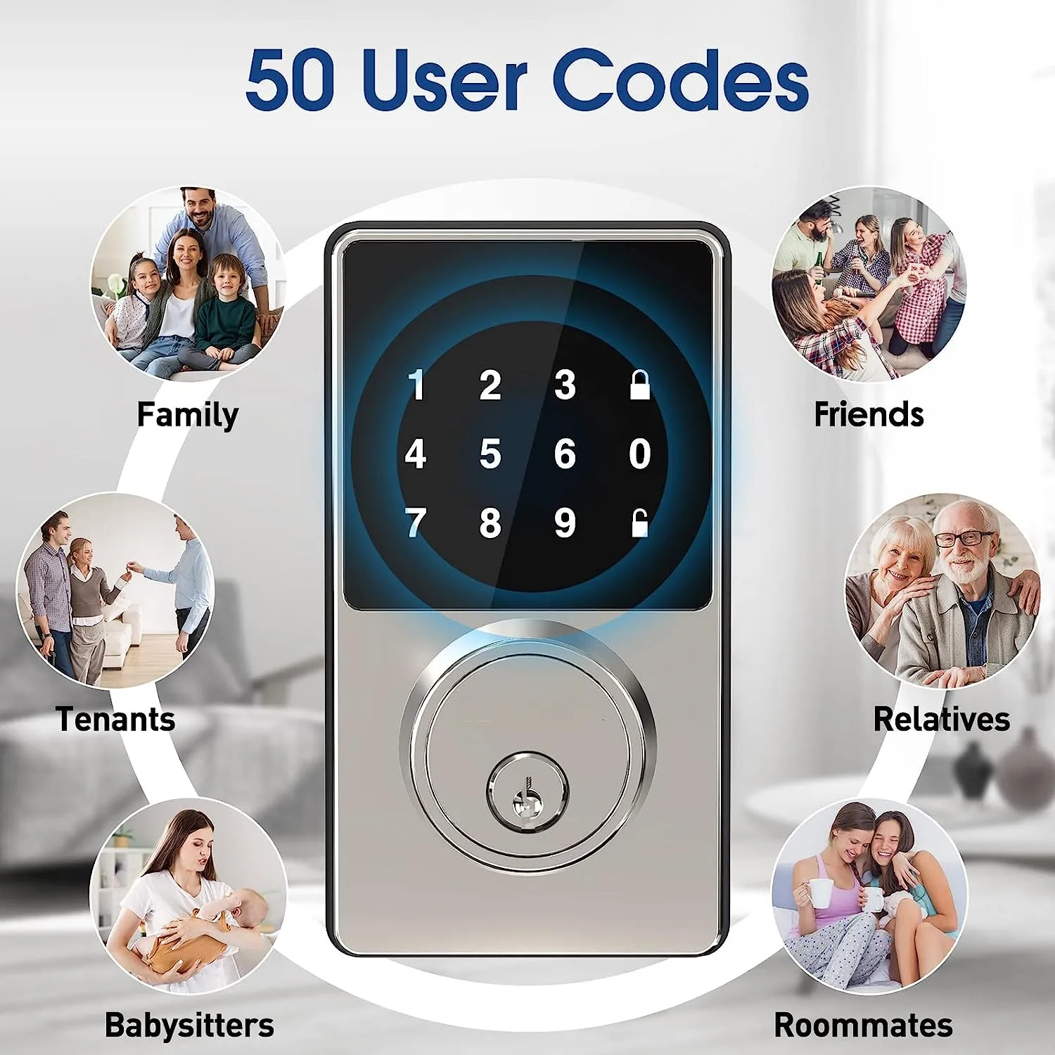 Smart Lock con password, serratura per porta d'ingresso senza chiave con tastiere Touchscreen, facile da installare, sblocco App, 50 codici utente