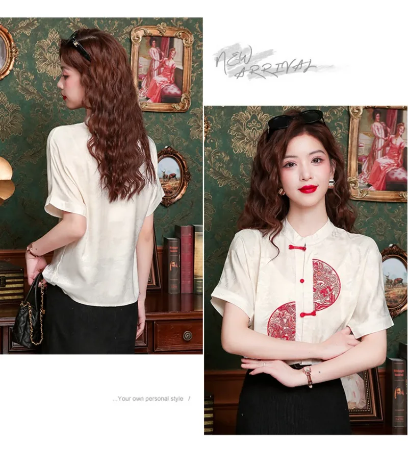 Chiffon Embroidery Women's Shirt Summer Flower Chinese Style Blouses Loose Short Sleeve Women Tops Fashion Clothing