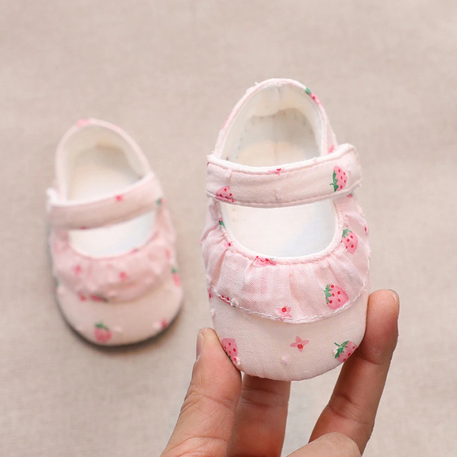 Tregren 0-18M Newborn Baby Girl Fall Princess Shoes Adorable Strawberry Print Ruffled Non-Slip First Walking Soft Sole Shoes