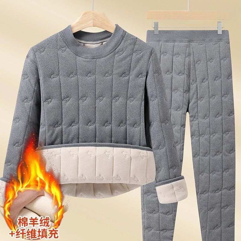 Unisex Extra Thick Homewear Fleece Lined O-neck Bottoming Thermal Clothes Close-fitting Cold-proof Warm Tops and Pants Set