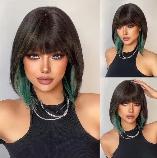 16Inch Black with Highlight Green Synthetic Wigs with Bang Short Natural Straight Hair Wig For Women Daily Use Heat Resistant