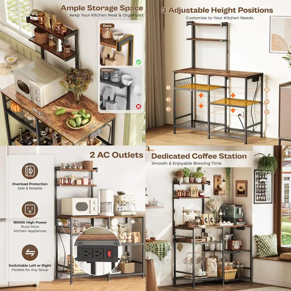 

Подставка для микроволновой печи 39.4 в деревенском стиле, коричневая, с розетками, 3-ярусной полкой для хранения и крючками для кофейного уголка