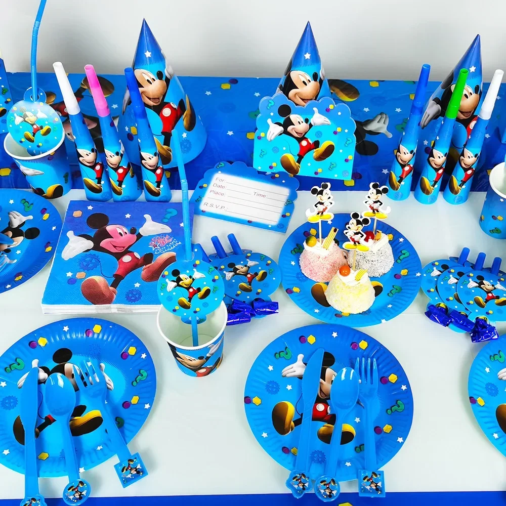 Disney Blue Mickey Mouse Theme Party Supplies Girls Birthday Background Decoration Cup Plate Knife Fork Spoon Disposable Cutlery