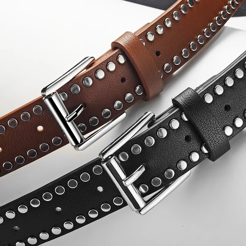 

Fashionable Punk Style Belts for Woman Shiny Double-row Metal Rivets 105cm PU Belts Woman's Hip-hop Belts