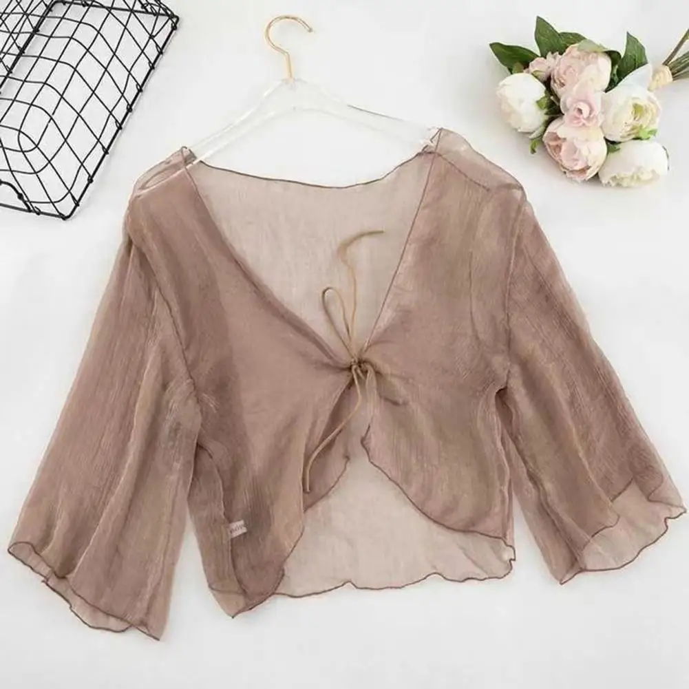 Women Sheer Chiffon Cardigan With Front-tie Transparent Loose Top Retro Style Shawl Cardigan Vacation Beach Cover-up 자외선 차단 카디건