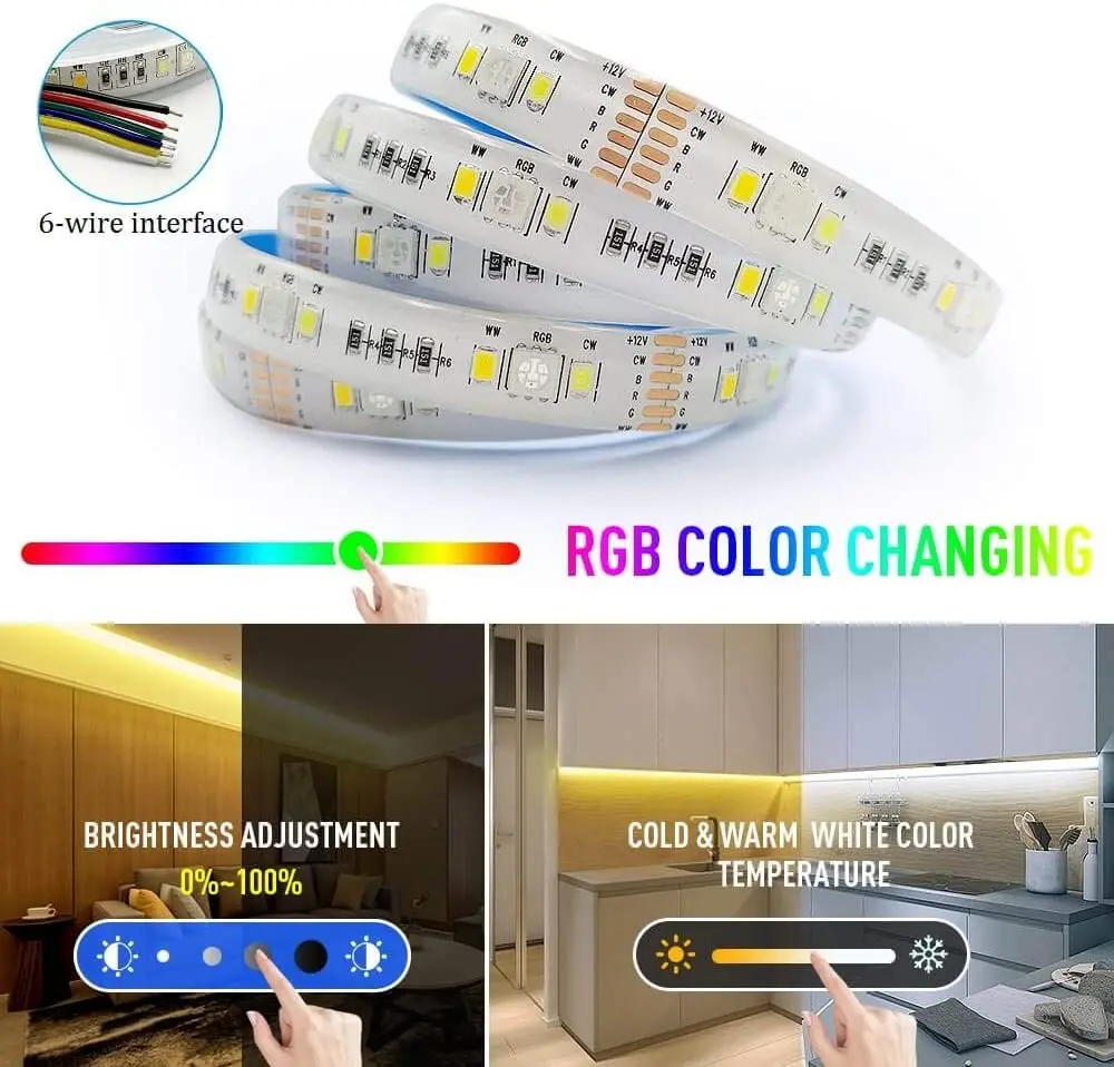 DC12V Tuya Wifi LED Light Strip +24Key Remote Control 5050 RGB+CCT RGBCW Temperature Adjustable 5M/roll for Echo Google Home