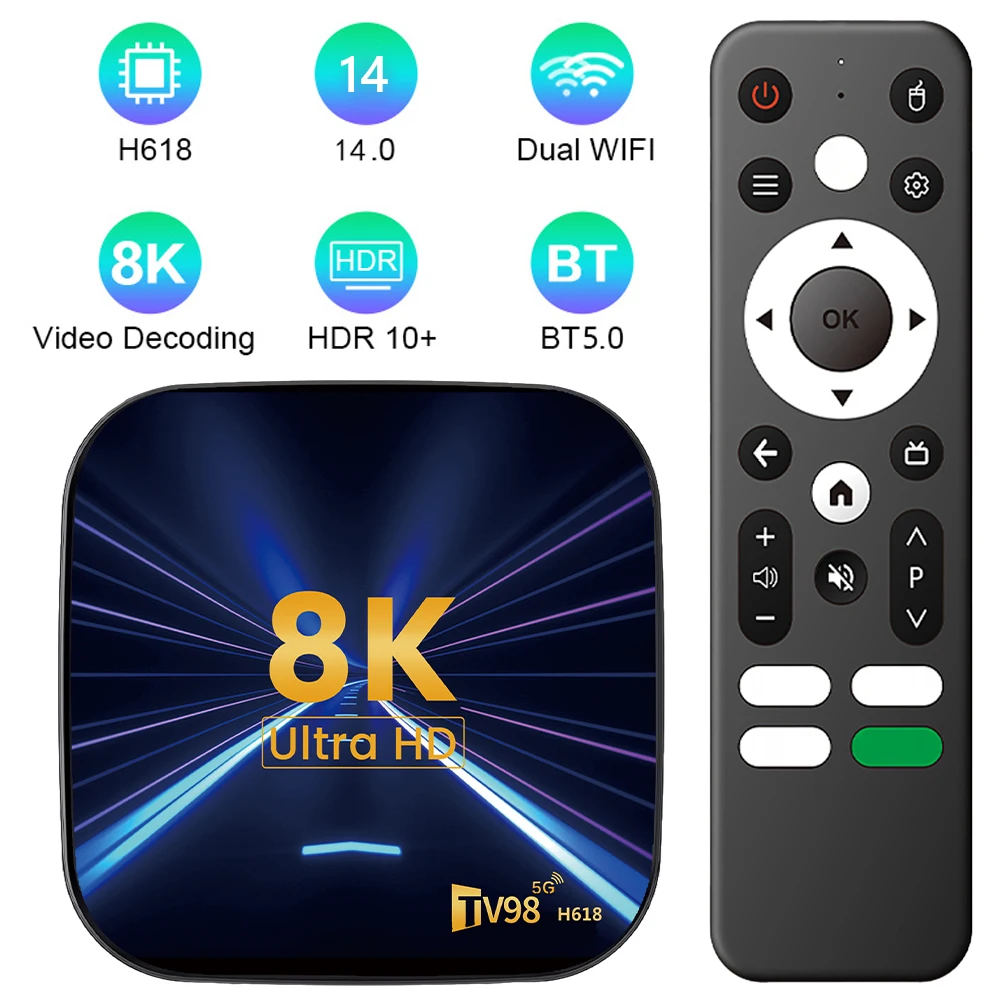 

ТВ-приставка Android 14 с поддержкой 8K HD, медиаплеер, двухдиапазонный Wi-Fi 2.4G/5G, смарт-приставка Android Box 2G+16G/4G+32G/4G+64G
