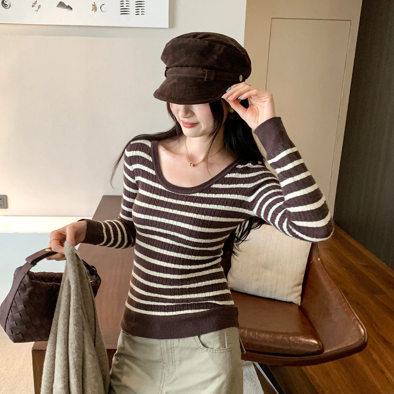 Autumn Winter New Unique Beautiful Striped Slim Fit Inner Wear Women's High-End Feel Wearable Knitted Base Shirt Top 2