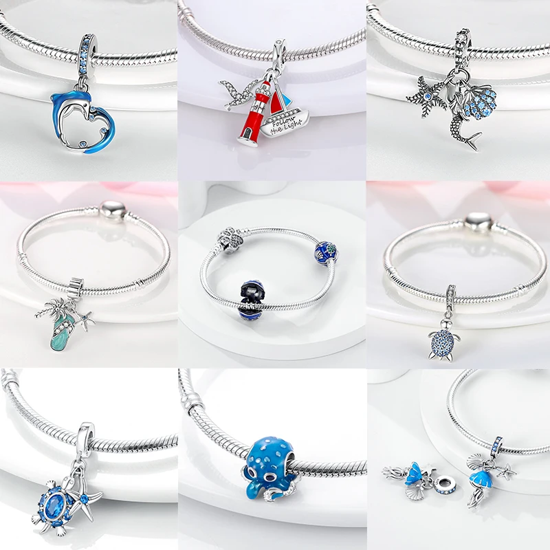925 Sterling Silber Ozean-Tier-Charm-Perlen Wal Delfin Oktopus Meeresschildkröte Seepferdchen Krabbe Hummer DIY Armband Halskette Geschenk – Detail 5