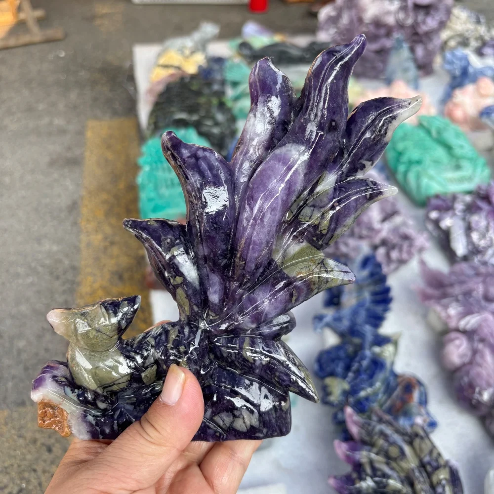 1PCS Natural Quartz Network Stone Nine-Tailed Fox Carving Polished Reiki Healing Energy Stone for Feng Shui Room Decor & Gift