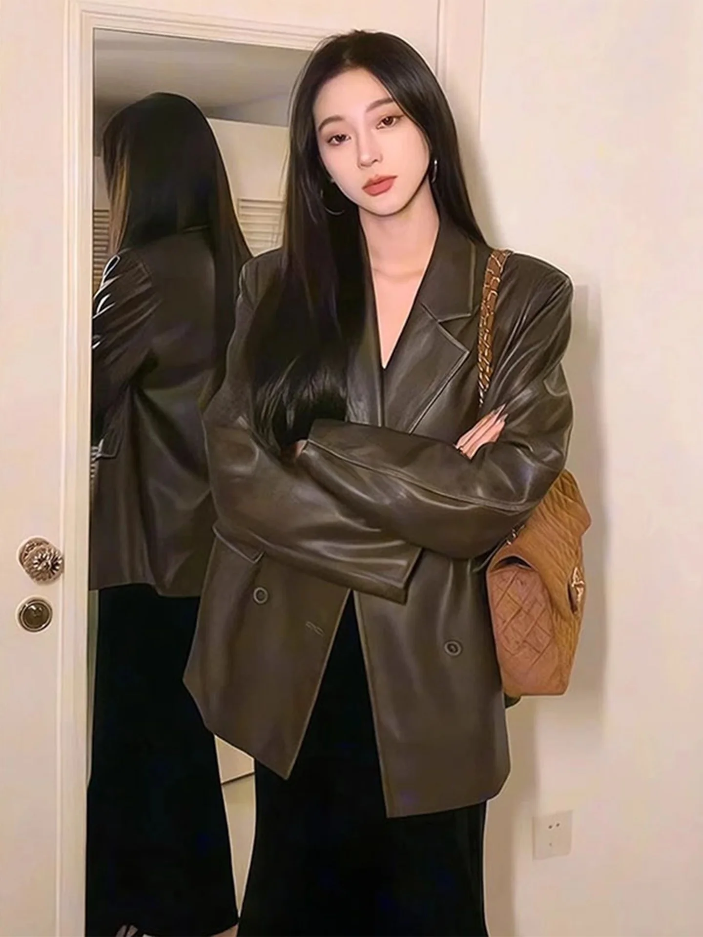 

Rouje Kefss Coffee Colored ort Leather Jaet Women's 2025 Autumn New Sle Commute Loose Fit Long Sve Color