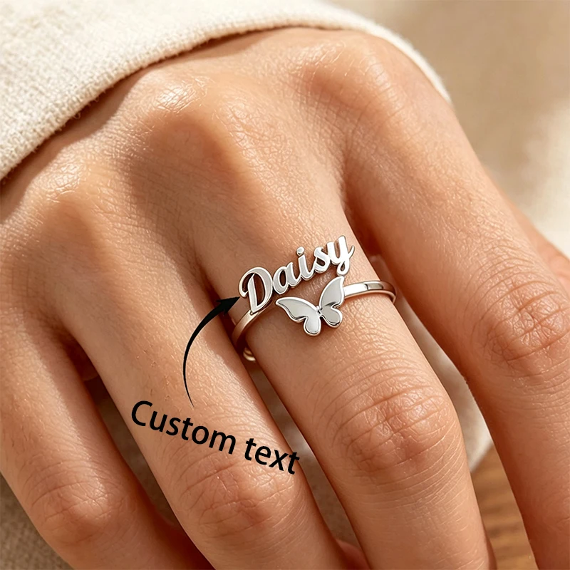 Butterfly Custom Name Opened Finger Rings Stainless Steel Adjustable Personalized Letter Name Ring Anillos Valentine's Day Gift